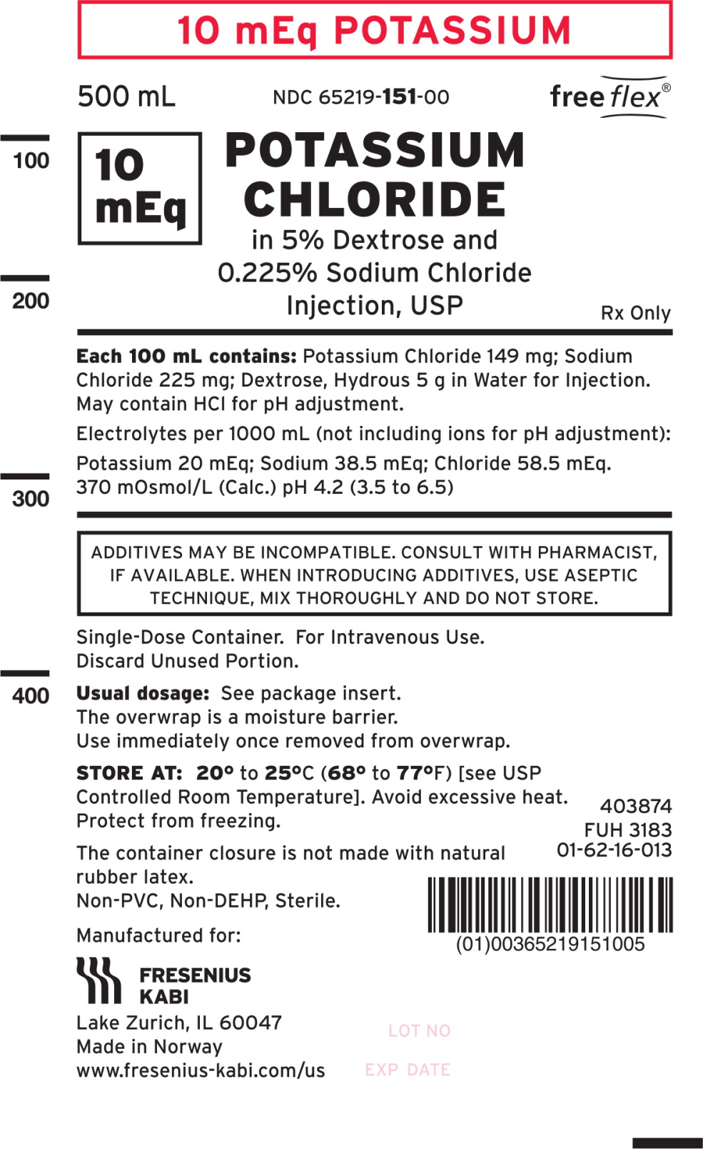 PACKAGE LABEL - PRINCIPAL DISPLAY – Potassium Chloride in 5% Dextrose and 0.225% Sodium Chloride Injection, USP Bag Label
