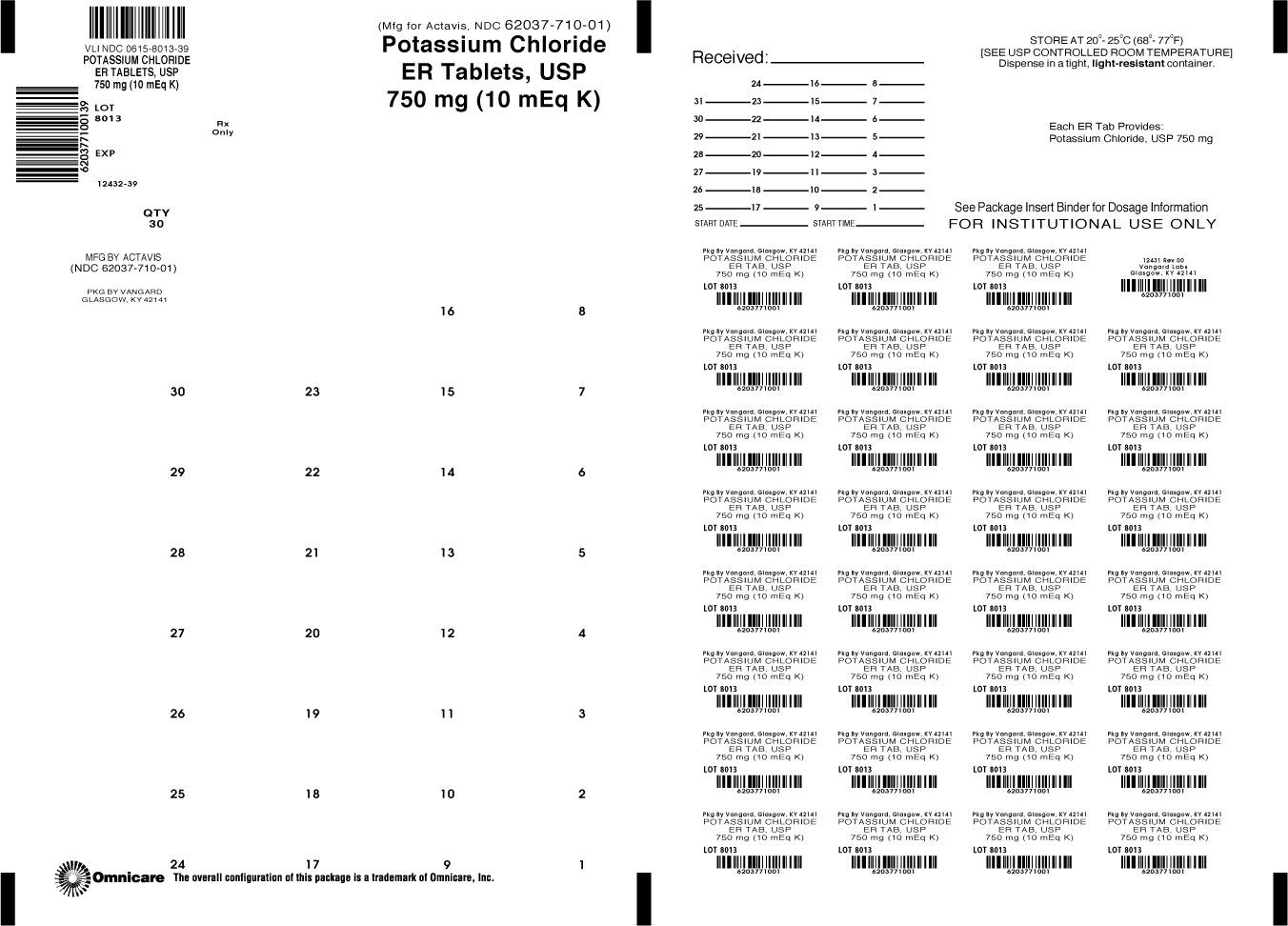 Potassium Chloride ER Tablets, USp 750 mg bingo card label