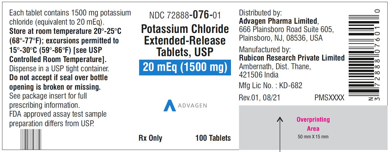 Potassium chloride extended-release tablets,USP 1500mg - NDC 72888-076-01 - 100s bottle label