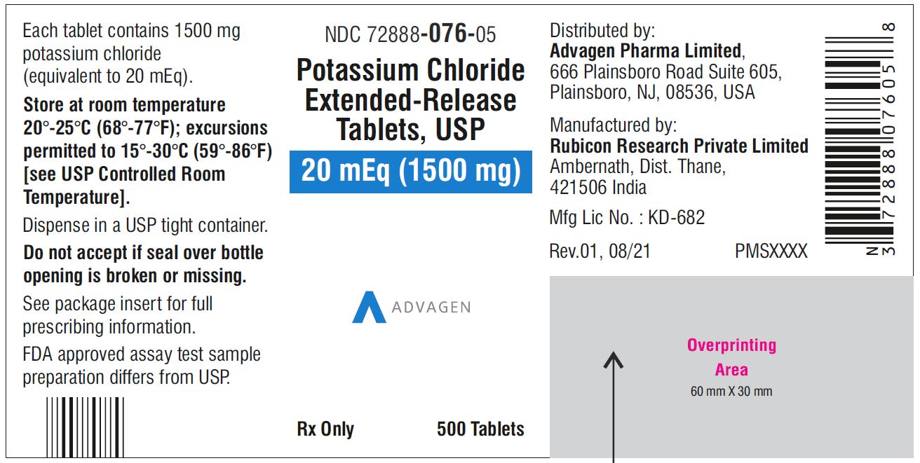 Potassium chloride extended-release tablets,USP 1500mg - NDC 72888-076-05 - 500s bottle label