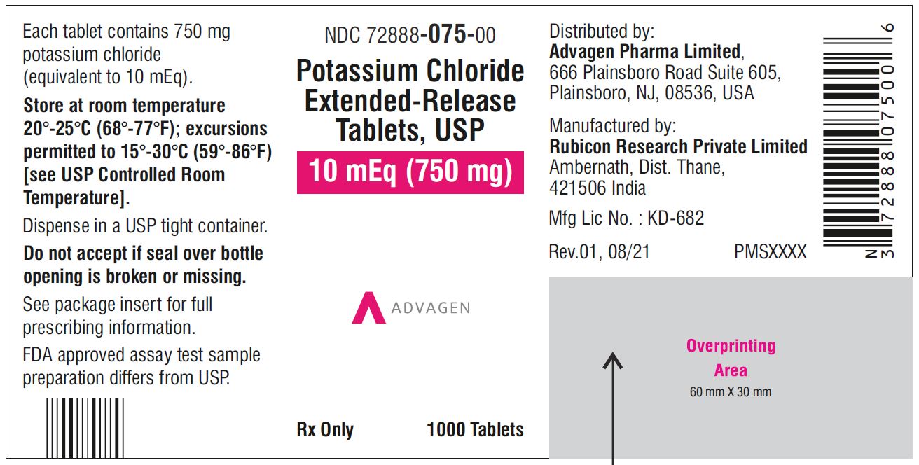Potassium chloride extended-release tablets,USP 750mg - NDC 72888-075-00 - 1000s bottle label
