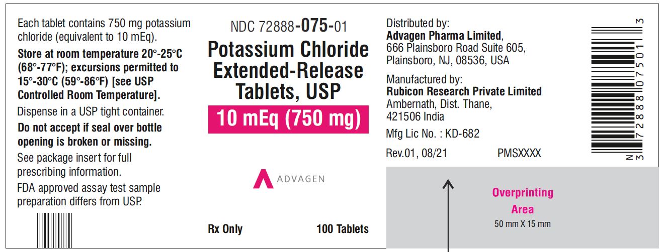 Potassium chloride extended-release tablets,USP 750mg - NDC 72888-075-01 - 100s bottle label