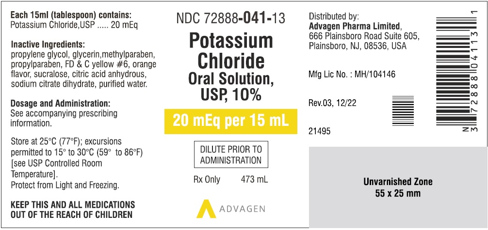 Potassium Chloride Oral Solution USP, 10% (20 mEq per 15 mL) - NDC 72888-041-13 Bottle of 473 mL