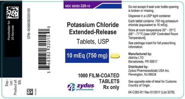 NDC 68382-320-10 
Potassium Chloride 
Extended-Release 
Tablets, USP 
10 mEq (750 mg) 
1000 FILM-COATED TABLETS 
Rx only 
zydus pharmaceuticals 
