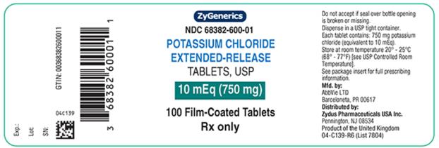 NDC 68382-600-01 
ZyGenerics 
POTASSIUM CHLORIDE EXTENDED-RELEASE TABLETS, USP 
10 mEq (750 mg) 100 Film-Coated Tablets 
Rx only 
