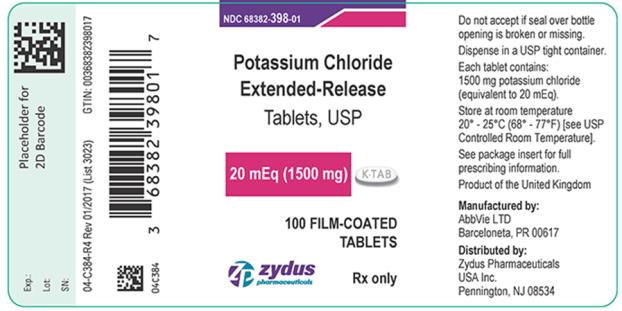 NDC 68382-398-01 
Potassium Chloride Extended-Release Tablets, USP 
20 mEq (1500 mg) 100 FILM-COATED TABLETS 
Rx only 
zydus pharmaceuticals 
