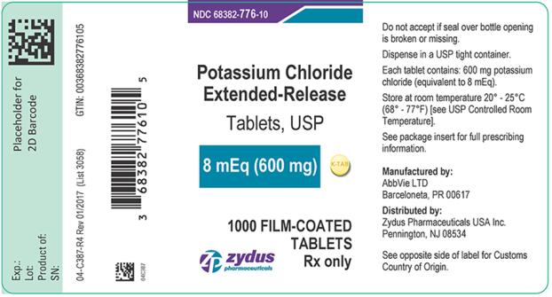 NDC 68382-776-10 
Potassium Chloride Extended-Release Tablets, USP 
8 mEq (600 mg) 
1000 FILM-COATED TABLETS 
Rx only 
zydus pharmaceuticals 
