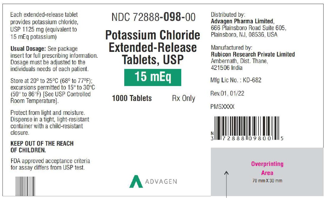 Potassium Chloride Extended-Release Tablets USP, 15mEq - NDC 72888-098-00 - 1000 Tablets 