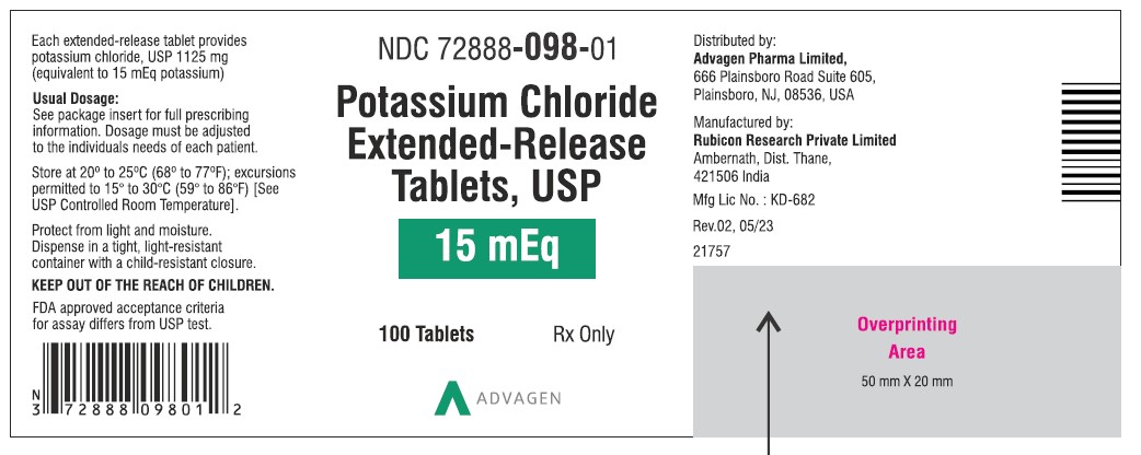 Potassium Chloride Extended-Release Tablets USP, 15mEq - NDC 72888-098-01 - 100 Tablets