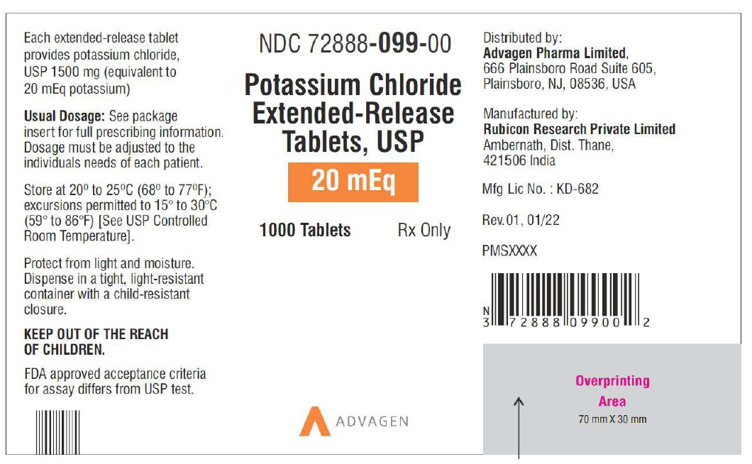 Potassium Chloride Extended-Release Tablets USP, 20mEq - NDC 72888-099-00 - 1000 Tablets