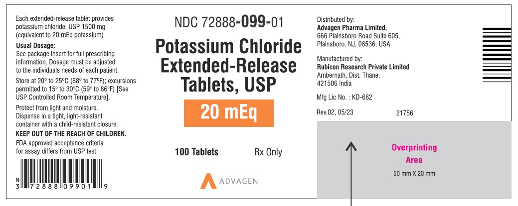 Potassium Chloride Extended-Release Tablets USP, 20mEq - NDC 72888-099-01 - 100 Tablets