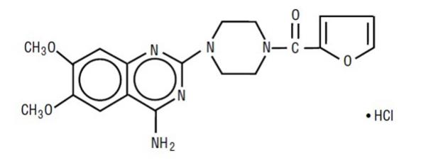 The structural formula for Prazosin hydrochloride, USP a quinazoline derivative, is the first of a new chemical class of antihypertensives. It is the hydrochloride salt of 1-(4-amino-6,7-dimethoxy-2-q