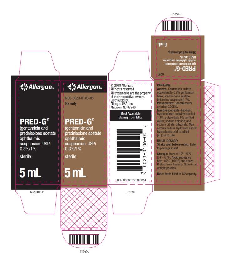 NDC 0023-0106-05
Rx Only
PRED-G®
(gentamicin and 
prednisolone 
acetate ophthalmic 
suspension, USP)
0.3%/1%
Sterile
5 mL
