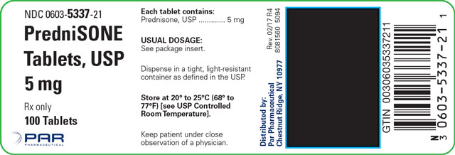 This is an image of a label for PredniSONE Tablets, USP 5 mg.