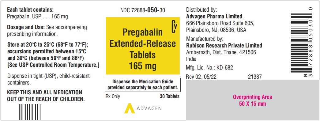 Pregabalin Extended-Release tablets, 165 mg - NDC 72888-050-30 - 30 Tablets Container Label