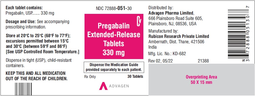 Pregabalin Extended-Release tablets, 330 mg - NDC 72888-051-30 - 30 Tablets Container Label