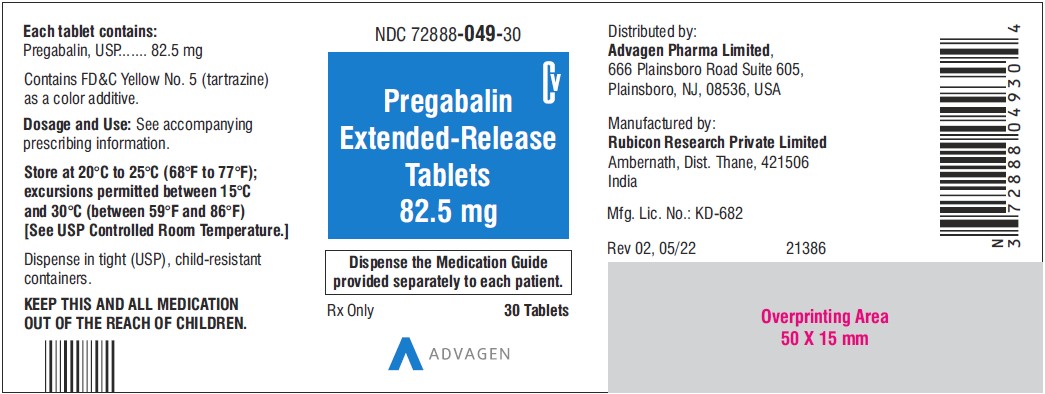 Pregabalin Extended-Release tablets, 82.5 mg - NDC 72888-049-30 - 30 Tablets Container Label