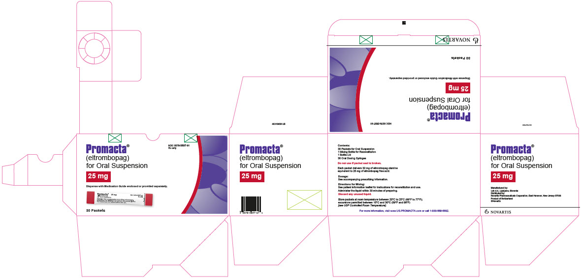NDC 0078-0697-61
								Rx only
								Promacta®
								(eltrombopag)
								for Oral Suspension
								25 mg
								Dispense with Medication Guide enclosed or provided separately.
								30 Packets
								NOVARTIS
							
