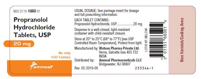 Propranolol Hydrochloride Tablets, USP 20 mg 100 Tablets Label