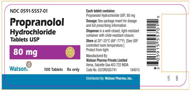NDC 0591-5557-01 Propranolol Hydrochloride Tablets USP 80 mg 100 Tablets Rx only