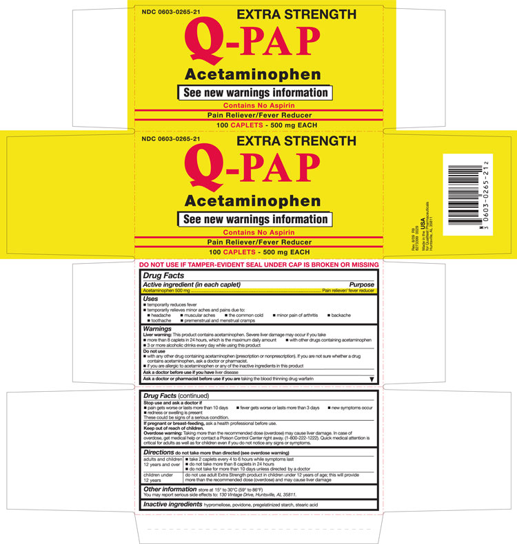 This is an image of the carton for Extra Strength Q-Pap Acetaminophen 500 mg Caplets.