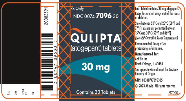 NDC 0074-7096-30
QULIPTA®
(atogepant) tablets
Rx Only
30 mg
Contains 30 Tablets
