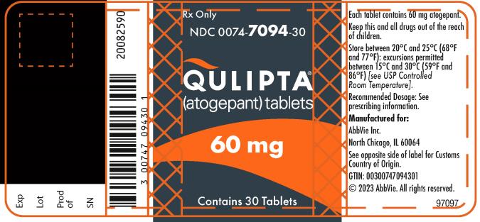 PRINCIPAL DISPLAY PANEL
NDC 0074-7094-30
Rx Only
QULIPTA®
(atogepant) tablets

60 mg
Contains 30 Tablets

