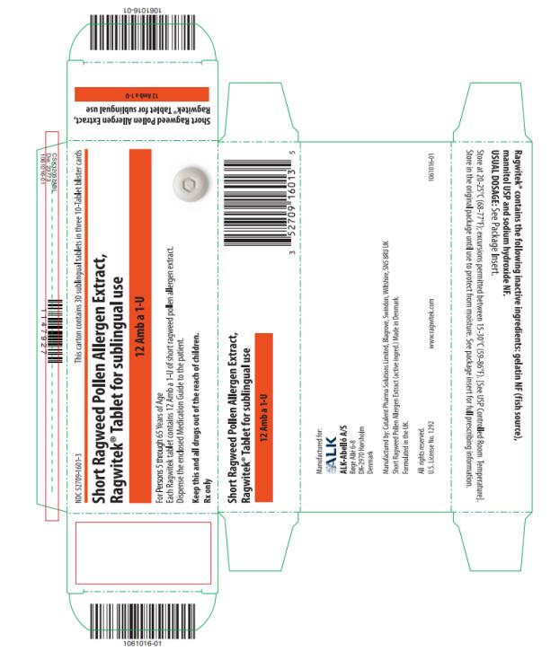 NDC 52709-1601-3
This carton contains 30 sublingual tablets in three 10-Tablet blister cards
Short Ragweed Pollen Allergen Extract,
Ragwitek® Tablet for sublingual use 
12 Amb a 1-U 
For Persons 5 through 65 Years of Age 
Each Ragwitek tablet contains 12 Amb a 1-U of short ragweed pollen allergen extract.
Dispense the enclosed Medication Guide to the patient.
Keep this and all drugs out of the reach of children. 
Rx only
