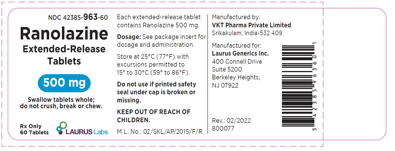 Ranolazine Extended Release Tablets 500 mg - NDC 42385-963-60- 60 Tablets Label