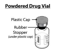 The powdered drug vial includes a rubber stopper under the plastic cap.