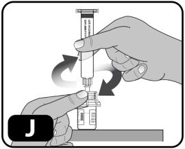 While holding the edges of the vial adapter, screw on the pre-filled syringe (turn to the right) a few turns until it starts to tighten (Figure J).