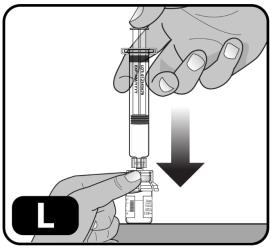 Very slowly push down on the plunger rod to the bottom of the syringe, to transfer all of the liquid from the syringe into the drug vial (Figure L).