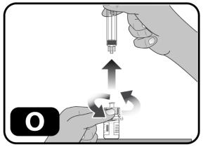 Without withdrawing any drug back into the syringe, unscrew the syringe from the vial adapter (turn to the left) until it is completely detached (Figure O).