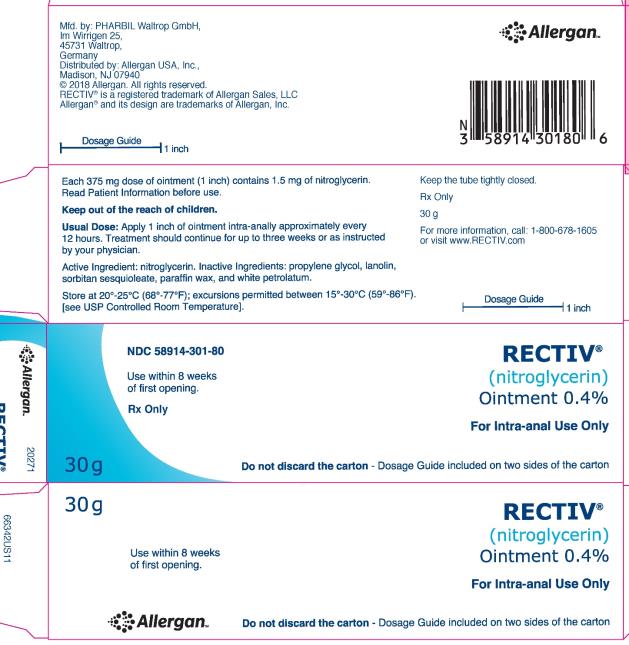 NDC 58914-301-80
RECTIV®
(nitroglycerin)
Ointment 0.4%
For Intra-anal Use only 
Do not discard the carton – Dosage Guide included on two sides of the carton
30 g
Use within 8 weeks of first opening.
Rx Only
