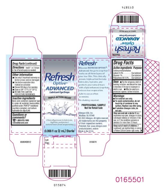 Principal Display Panel
NDC 0023-4307-02 - Sample
Refresh
Optive®
ADVANCED
Lubricant Eye Drops
TRIPLE-ACTION RELIEF
Clinically proven to lubricate,
hydrate, and protect
natural tears from evaporating
0.068 fl oz (2 mL) Sterile
