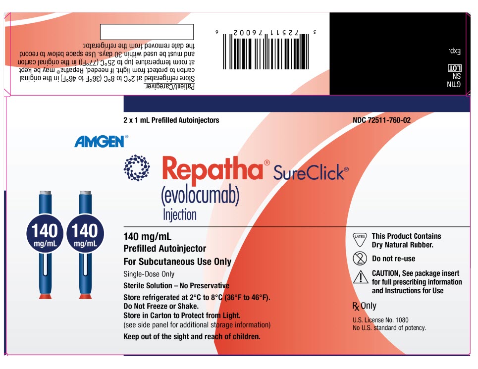 1 x 1 mL Prefilled Syringe NDC 55513-750-01 AMGEN® Repatha® (evolocumab) Injection 140 mg/mL 140 mg/mL Prefilled Syringe For Subcutaneous Use Only Store at 2°C to 8°C (36°F to 46°F). Do Not Freeze or Shake. Store in Carton to Protect from Light. (see side panel for additional storage information) Sterile Solution – No Preservative Single Use Rx Only CAUTION, See package insert for full prescribing information and Instructions for Use This Product Contains Dry Natural Rubber. Keep out of the sight and reach of children