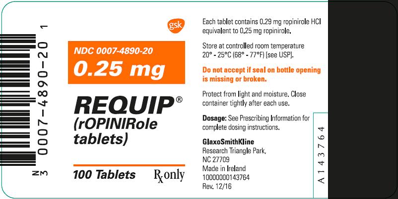 Requip 0.25 mg 100 count label