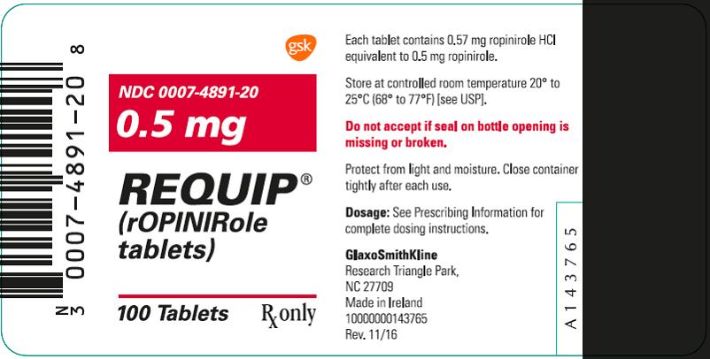 Requip 0.5 mg 100 count label