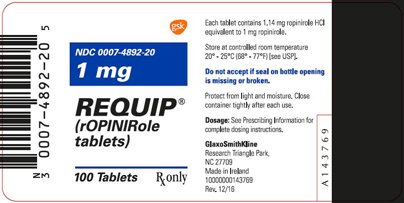 Requip 1 mg 100 count label