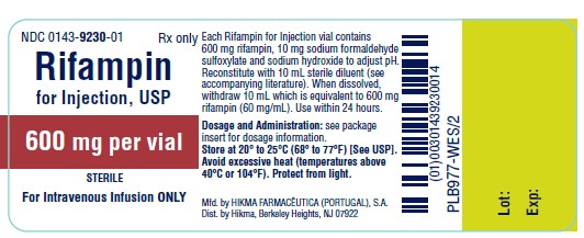 NDC 0143-9230-01 RIFAMPIN FOR INJECTION, USP 600 mg/vial Sterile FOR INTRAVENOUS INFUSION ONLY Rx ONLY Each Rifampin for Injection vial contains 600 mg rifampin, 10 mg sodium formaldehyde sulfoxylate and sodium hydroxide to adjust pH. Reconstitute with 10 mL sterile diluent (see accompanying literature). When dissolved, withdraw 10 mL which is equivalent to 600 mg rifampin (60 mg/mL). Use within 24 hours. DOSAGE AND ADMINISTRATION: see package insert for dosage information. Store at 20º to 25ºC (68º to 77ºF) [See USP]. Avoid excessive heat (temperatures above 40ºC or 104ºF). Protect from light.