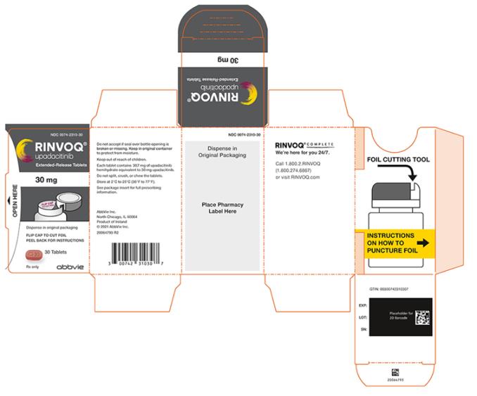 NDC 0074-2310-20 
RINVOQ®
upadacitinib 
Extended-Release Tablets
30 mg  PROFESSIONAL SAMPLE NOT FOR SALE
Dispense in original packaging 
FLIP CAP TO CUT FOIL 
PEEL BACK FOR INSTRUCTIONS 
14 Tablets 
Rx only 
abbvie
