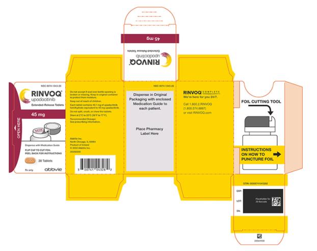 NDC 0074-1043-28 
RINVOQ®
upadacitinib 
Extended-Release Tablets
45 mg
Dispense in original packaging 
FLIP CAP TO CUT FOIL 
PEEL BACK FOR INSTRUCTIONS 
28 Tablets 
Rx only 
abbvie
