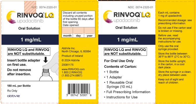 NDC 0074-2320-01 
RINVOQ®LQ
upadacitinib
Oral Solution

1 mg/mL

RINVOQ LQ and RINVOQ
are NOT substitutable.

Insert bottle adapter
on first use.

Do not remove
after insertion.

180 mL per Bottle
Rx Only
abbvie
