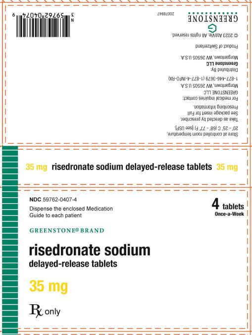 NDC 59762-0407-4
Dispense the enclosed Medication
Guide to each patient
4 tablets
Once-a-Week
GREENSTONE® BRAND
risedronate sodium
delayed-release tablets
35 mg
Rx only
