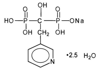 The chemical structure of Risedronate Sodium hemi-pentahydrate is a pyridinyl bisphosphonate that inhibits osteoclast-mediated bone resorption and modulates bone metabolism. Each Risedronate Sodium for oral administration contains the equivalent of 5, 30, 35, 75, or 150 mg of anhydrous Risedronate Sodium in the form of the hemi-pentahydrate with small amounts of monohydrate. The empirical formula for Risedronate Sodium hemi-pentahydrate is C7H10NO7P2Na •2.5 H2O. The chemical name of Risedronate Sodium is [1-hydroxy-2-(3-pyridinyl)ethylidene]bis[phosphonic acid] monoSodium salt. 