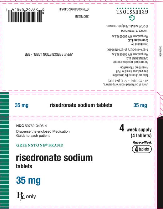 PRINCIPAL DISPLAY PANEL
NDC 59762-0405-4
Dispense the enclosed Medication Guide to each patient
GREENSTONE® BRAND
4 week supply (4 tablets) Once-a-Week 4 tablets
risedronate sodium tablets
35 mg
Rx only
