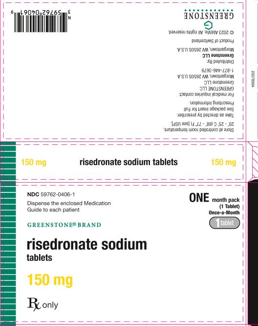 PRINCIPAL DISPLAY PANEL
NDC 59762-0406-1
Dispense the enclosed Medication Guide to each patient
GREENSTONE® BRAND
ONE month pack (1 Tablet) Once-a-Month 1 tablet
risedronate sodium tablets
150 mg
Rx only
