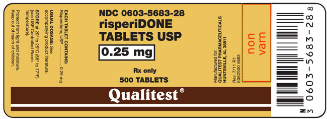 This is an image of the label for risperiDONE Tablets 0.25 mg 500 count.
