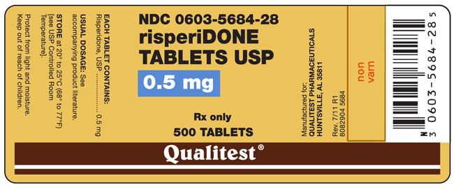 This is an image of the label for risperiDONE Tablets 0.5 mg 500 count.