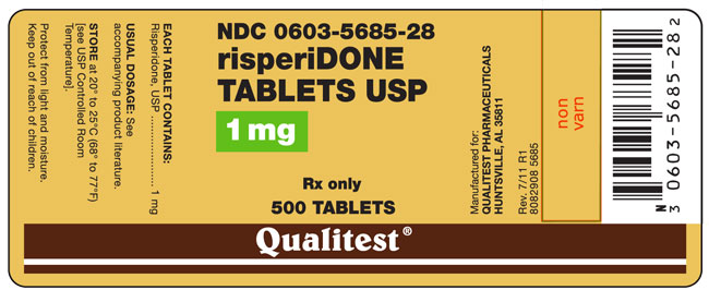 This is an image of the label for risperiDONE Tablets 1 mg 500 count.